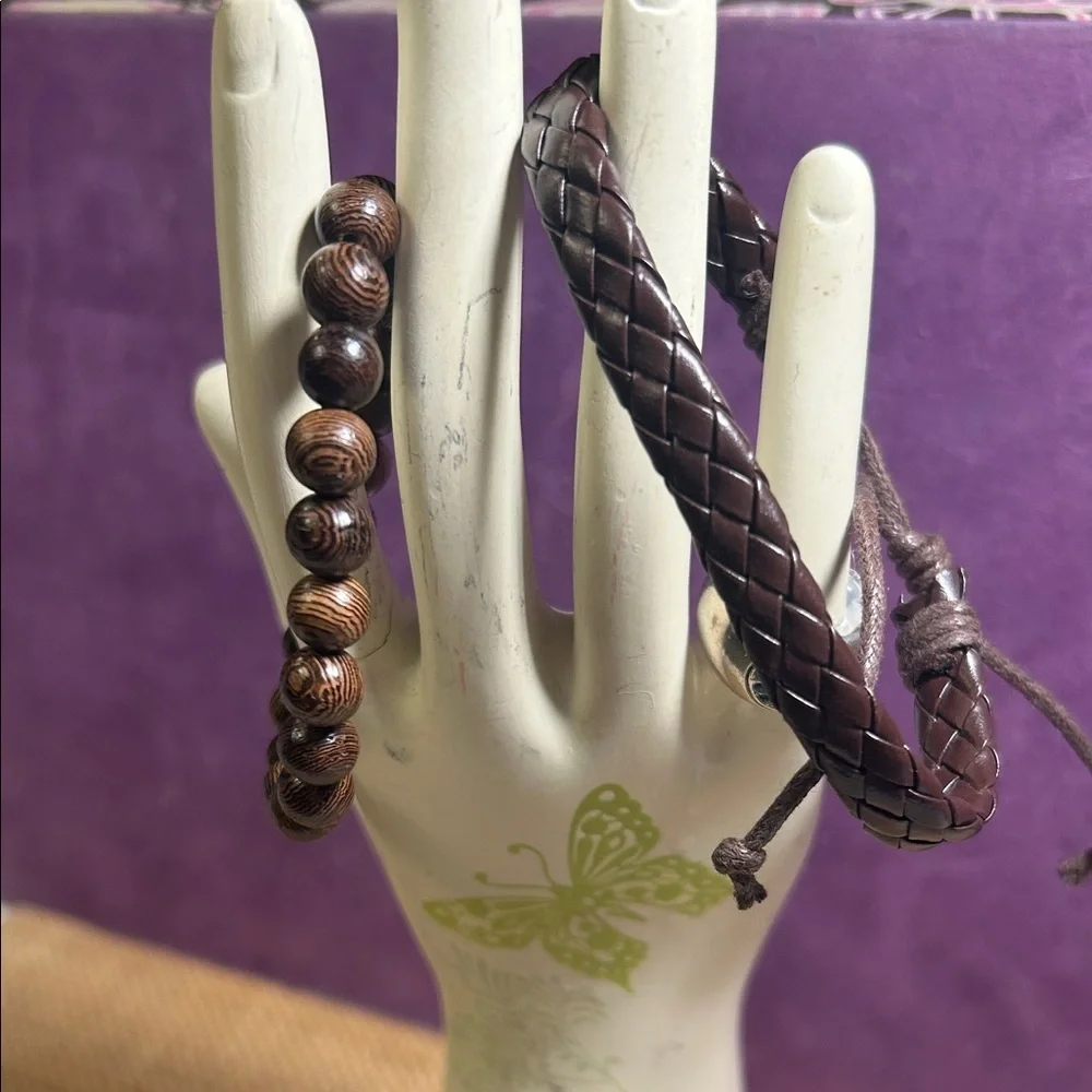 Wooden Bead and Braided Leather Bracelet Bundle (A)